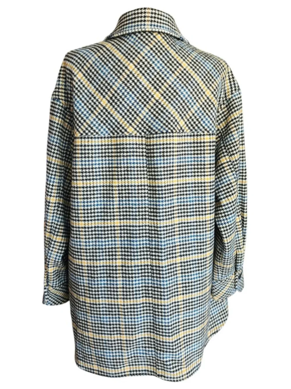 Melloday Women's M Houndstooth Shacket Jacket Blue Black Yellow Plaid Button Up